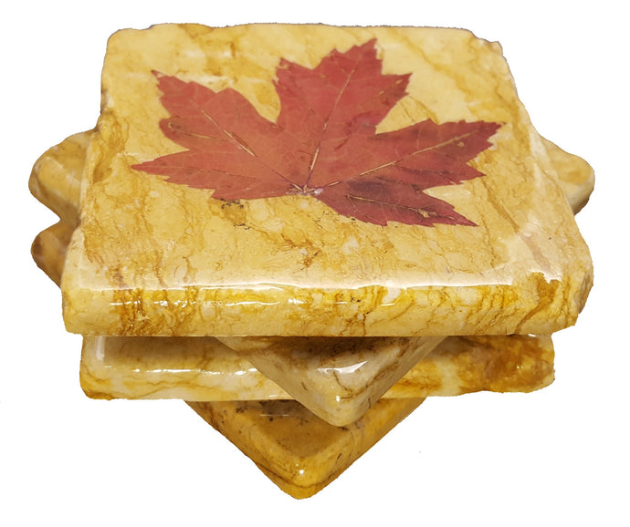 Set of 4 Maple Leaf Yellow Marble Coasters